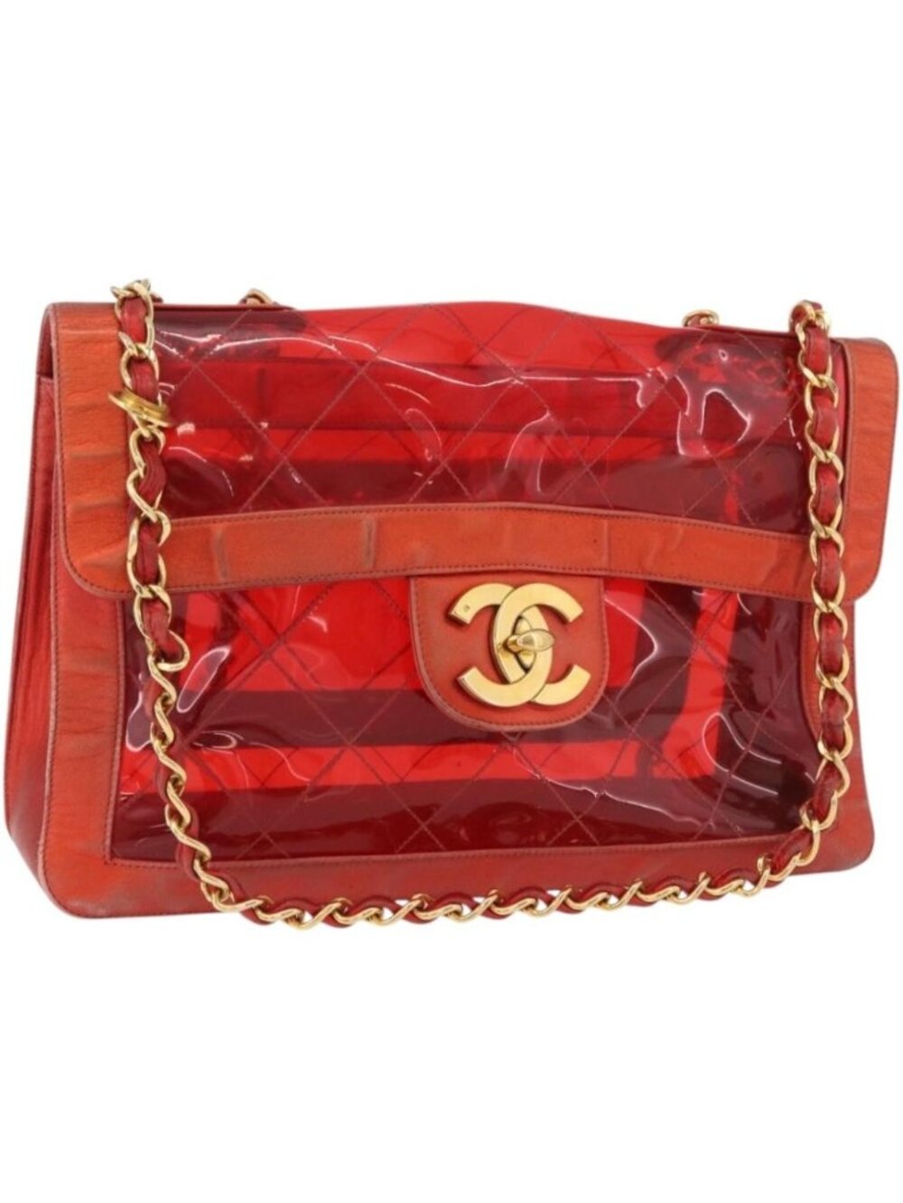 CHANEL Matelasse Chain Shoulder Bag Vinyl Red Gold CC